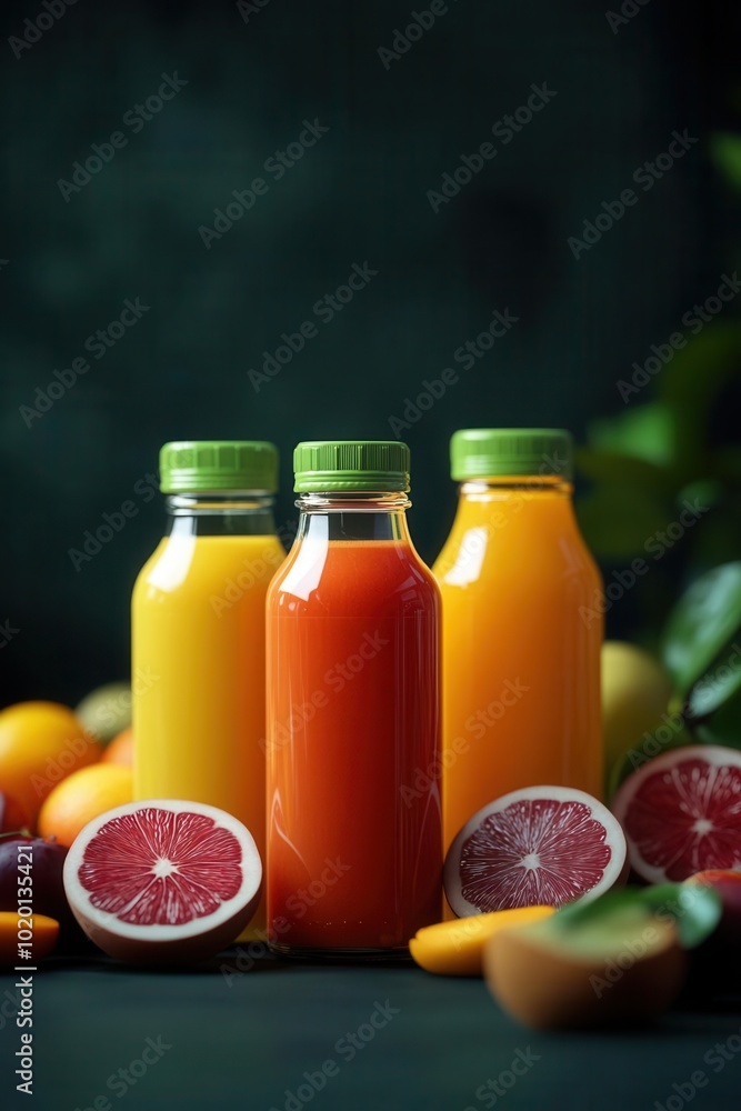 Fresh Fruit Juice Bottles with Citrus Fruits on Dark Background Fresh Fruit Juice Bottles with Citrus Fruits on Dark Background