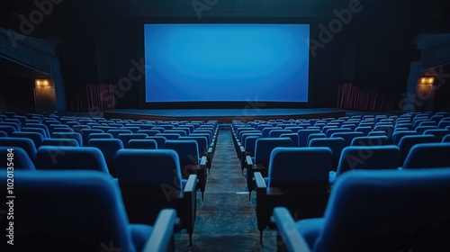 Empty auditorium, wide angle shot showing the large blue screen and vacant seats