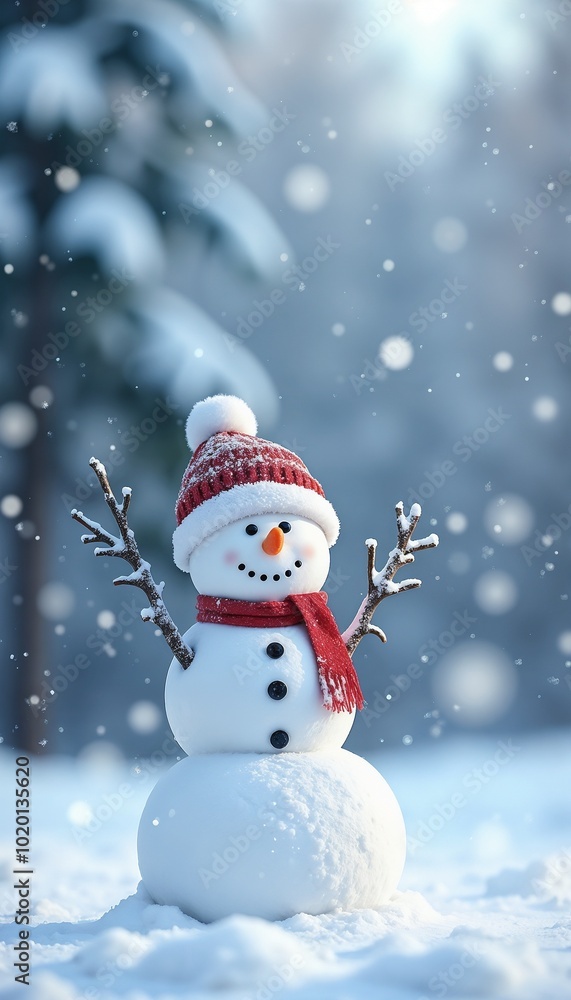 Cheerful snowman with cozy winter attire in magical snowy forest scene Cheerful snowman with cozy winter attire in magical snowy forest scene