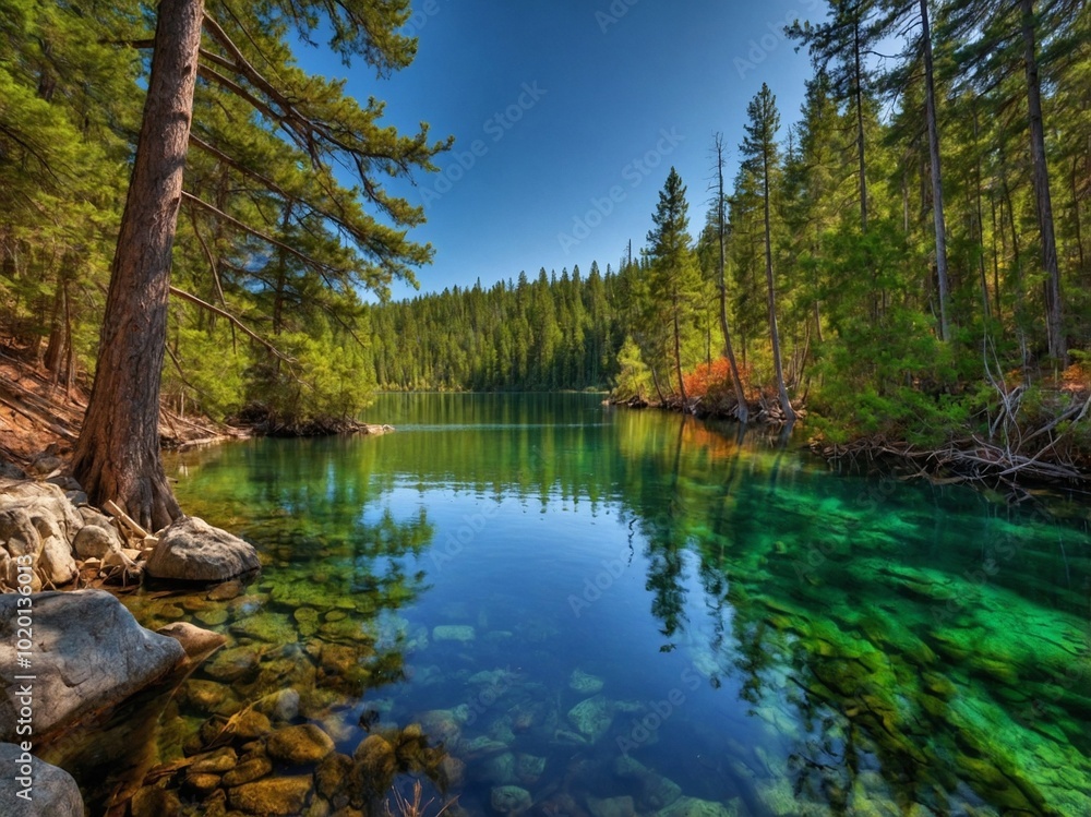 A lake with beautiful, crystal clear, transparent water located in the forest. Beautiful, warm sunlight A lake with beautiful, crystal clear, transparent water located in the forest. Beautiful, warm sunlight