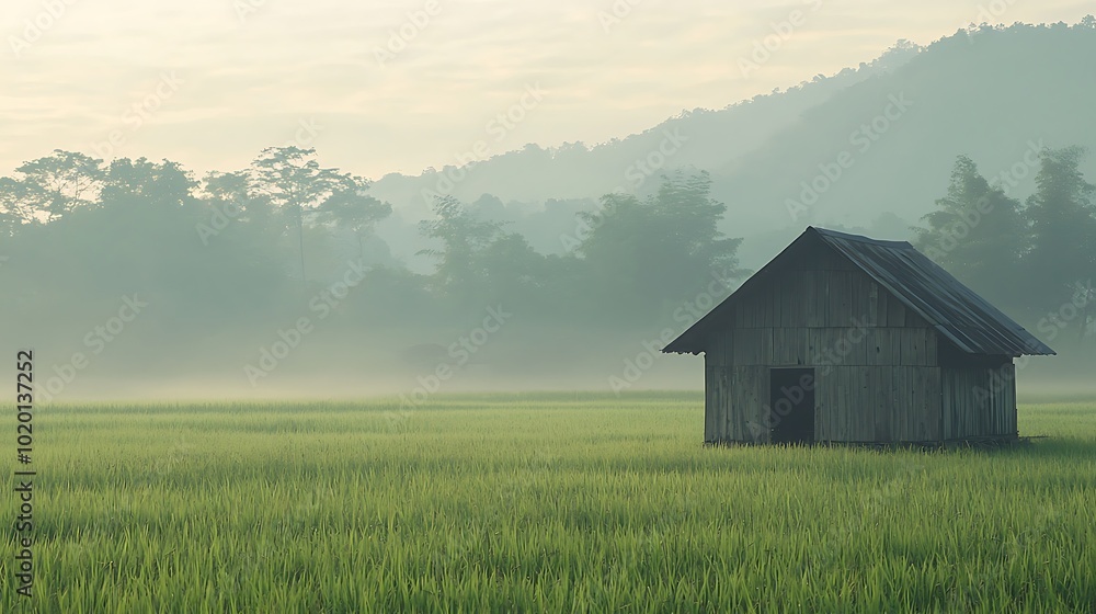 A wooden house is quietly located amidst a peaceful morning misty mountain view. A wooden house is quietly located amidst a peaceful morning misty mountain view.