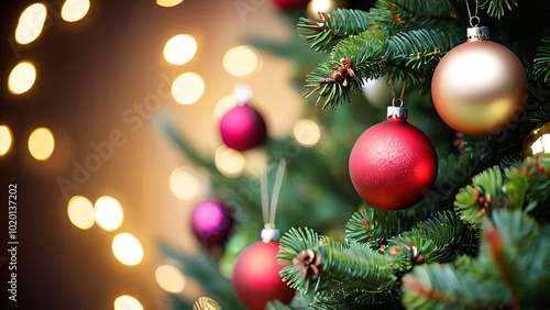 Christmas Tree With Baubles And Blurred Shiny Lights