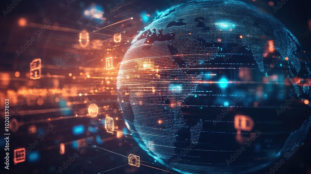 Futuristic digital globe with Africa illuminated. Data streams flow around, with tech symbols surrounding it on a dark, glowing background. Futuristic digital globe with Africa illuminated. Data streams flow around, with tech symbols surrounding it on a dark, glowing background.