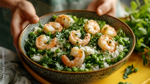 A vibrant bowl filled with shrimp, rice, and green peas garnished with fresh herbs sits on a kitchen table, highlighting a healthy meal ready to be enjoyed