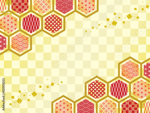 和柄のかっこいい和風フレーム背景イラスト　伝統文様　赤　サイズ比率4:3