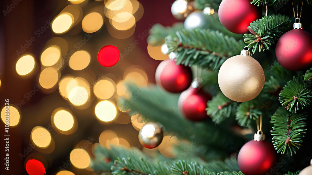 Christmas Tree With Baubles And Blurred Shiny Lights Christmas Tree With Baubles And Blurred Shiny Lights