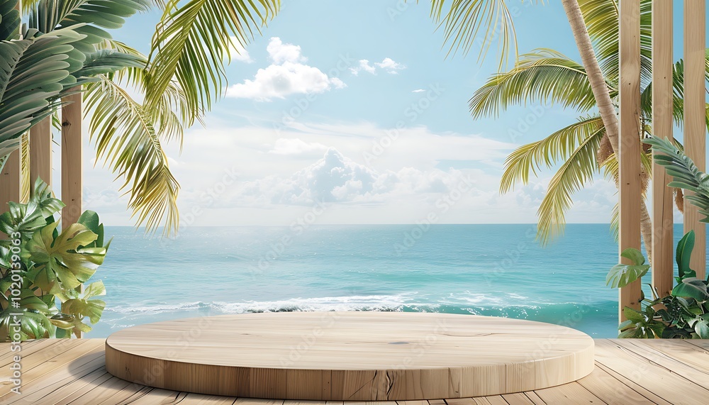 Fototapeta premium Wooden table top background in the beach and tropical seascape