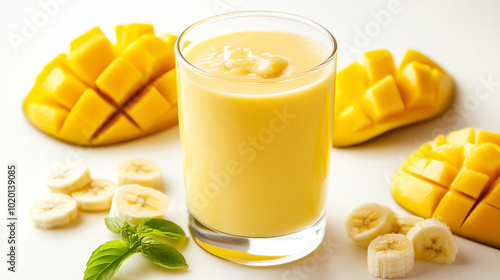 Fresh mango smoothie served in a transparent glass, surrounded by ripe mango slices and banana pieces on a white background. photo