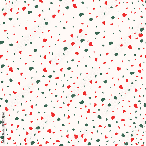 Seamless pattern with green and red spots, X-Mass pattern with spots on a white background. Vector illustration with different sizes of spots.