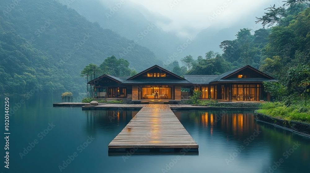 Fototapeta premium Serene lakeside retreat with modern architecture at dusk.