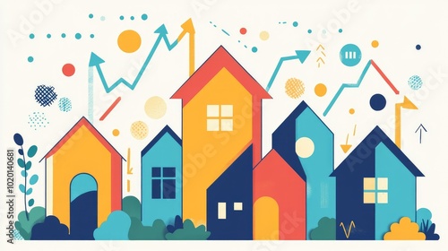 Graph with upward arrows and houses, indicating growth and positive market trends.