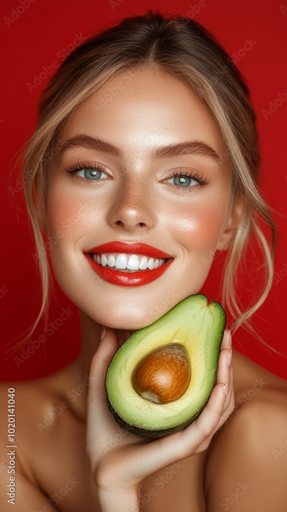 A smiling woman showcases her radiant complexion while holding a fresh avocado close to her face against a bold red backdrop. Her joyful expression adds charm to the moment A smiling woman showcases her radiant complexion while holding a fresh avocado close to her face against a bold red backdrop. Her joyful expression adds charm to the moment