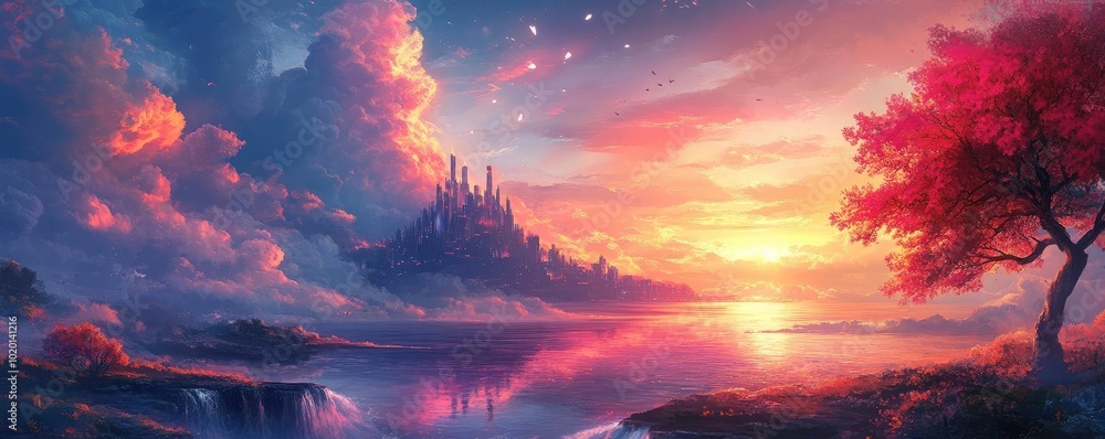 Fantasy landscape merges with futuristic city, vibrant colors illuminate the sky, surreal lighting creates magical atmosphere Fantasy landscape merges with futuristic city, vibrant colors illuminate the sky, surreal lighting creates magical atmosphere