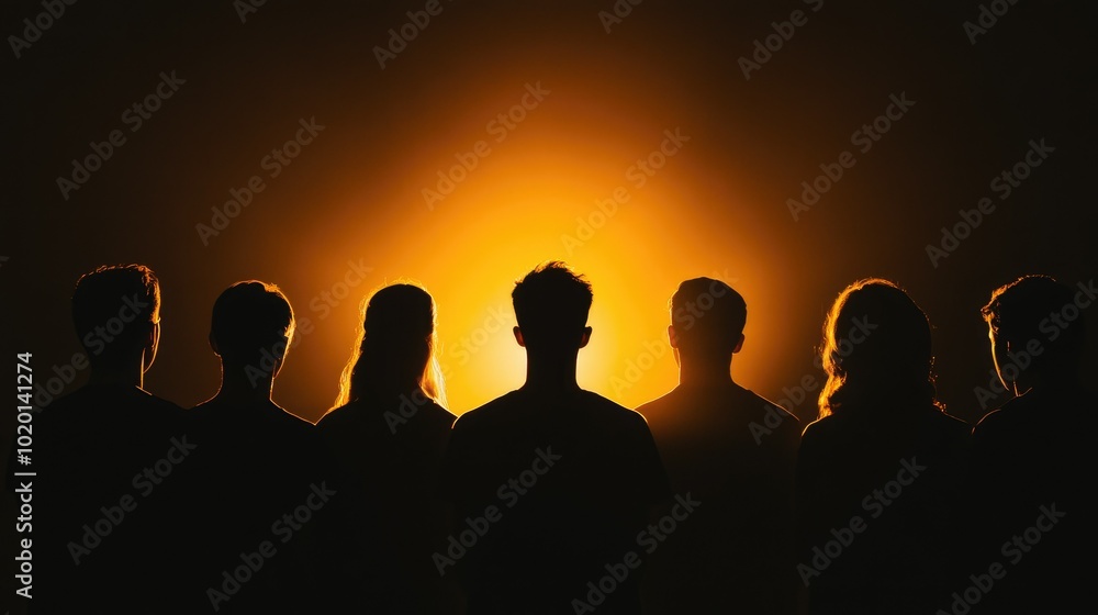 Group of silhouetted people facing a golden light source, dark black background creating a strong contrast Group of silhouetted people facing a golden light source, dark black background creating a strong contrast