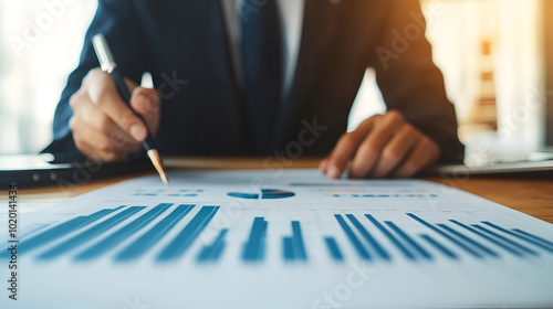 Banking business, finance and investment concept. Businessman analyzing market data, financial graph report, economic growth, business strategy, planning and solution, risk management creative copy