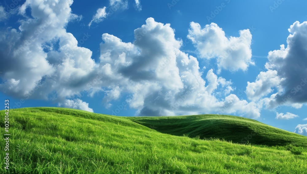 Green, grassy hills, a blue sky with white clouds - a perfect desktop wallpaper for Windows XP. Nature backdrop, summer vibe, looking out from inside Green, grassy hills, a blue sky with white clouds - a perfect desktop wallpaper for Windows XP. Nature backdrop, summer vibe, looking out from inside