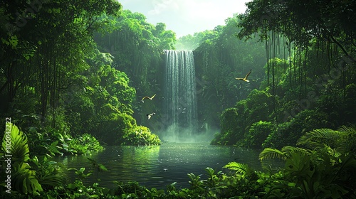 Tranquil rainforest waterfall with lush greenery. photo