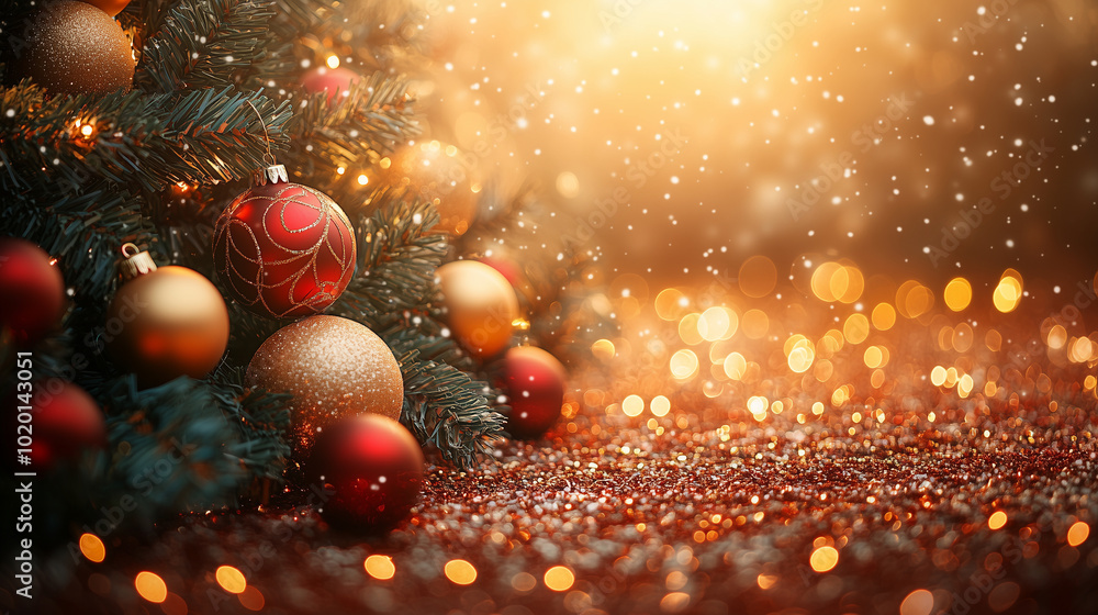 Fototapeta premium Colorful and bright Christmas tree ornament ball decorations in lavish and cozy room with glitter and sparkles in the air