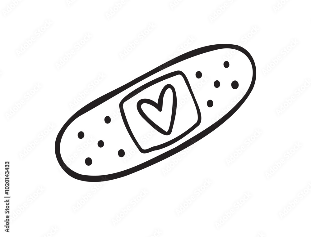 Hand drawn aid band plaster with heart care isolated on white background. doodle outline style Hand drawn aid band plaster with heart care isolated on white background. doodle outline style