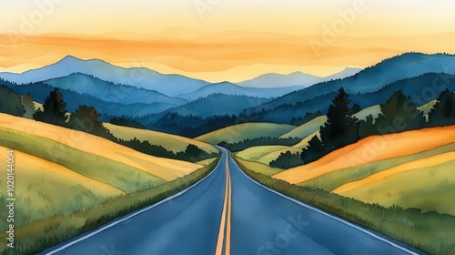 A beautiful watercolor landscape featuring a winding road leading through lush fields and rolling hills, under a vibrant sunset sky with mountains in the distance.