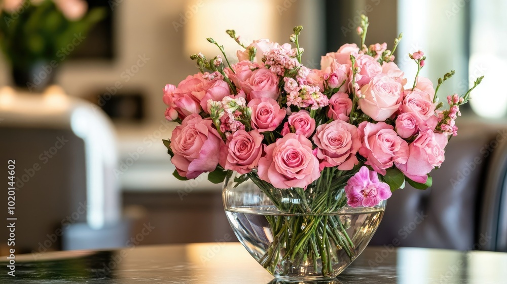 Heart-shaped pink floral arrangement in a clear vase, adding a beautiful, romantic element to the scene Heart-shaped pink floral arrangement in a clear vase, adding a beautiful, romantic element to the scene