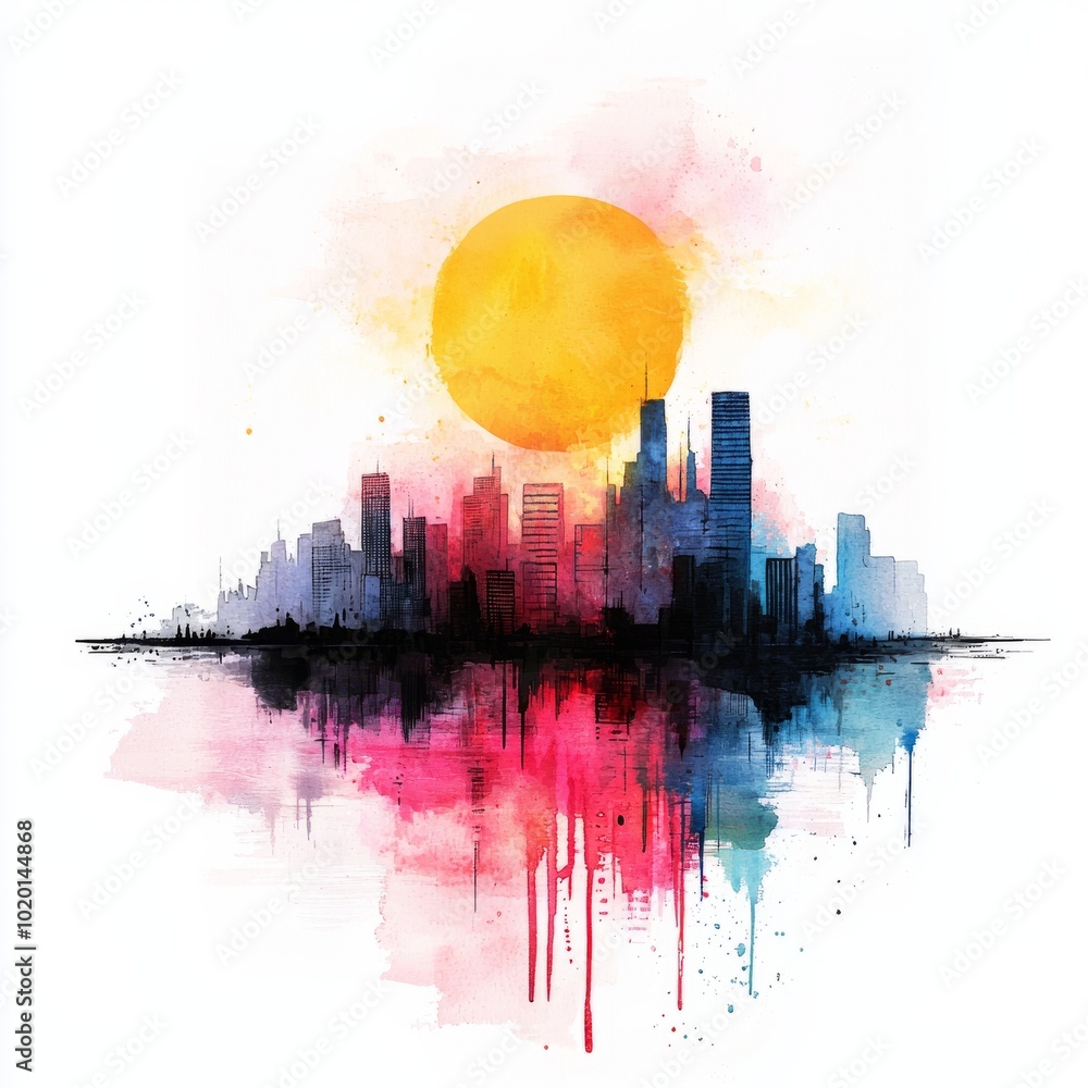 Obraz premium Watercolor painting of a futuristic city with buildings melting under the sun, on isolated white background