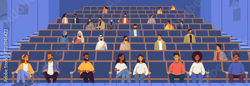 People in cinema theater audience diverse group sitting in rows blue background casual clothing
