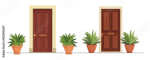 Front door with two pots with plants. Cartoon house illustration