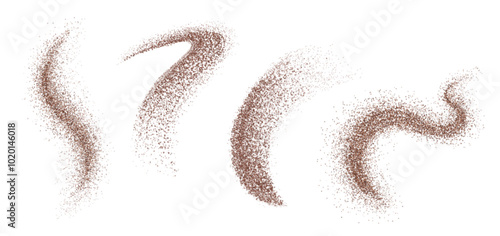 Chocolate powder splash. Coffee dust flying particle. Cocoa sand flying grain isolated 3d vector texture top view. Realistic granule explosion motion. Cinnamon particles scatter noise effect png