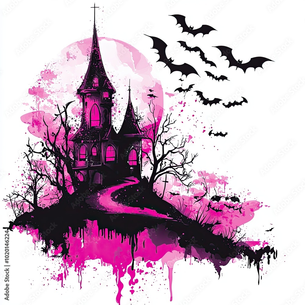 Fototapeta premium Haunted House with Bats and Pink Moon, Watercolor illustration of a spooky haunted house under a pink moon, surrounded by bats and eerie trees, perfect for Halloween.