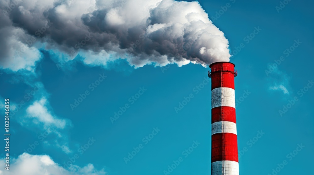 Industrial smokestack spewing thick gray smoke, red and white-striped chimney, blue sky background Industrial smokestack spewing thick gray smoke, red and white-striped chimney, blue sky background
