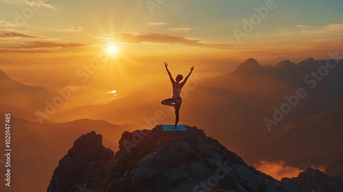 Person practicing yoga on mountain top during sunset