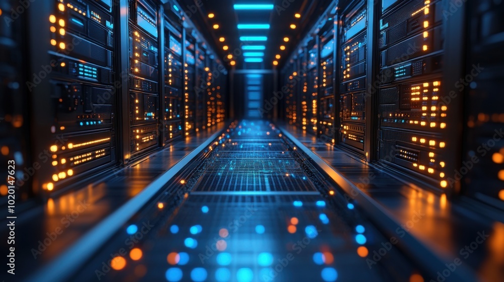 A cutting-edge data center corridor with rows of illuminated servers glowing in blue and orange. the sleek, high-tech environment signifies advanced technology and digital connectivity.