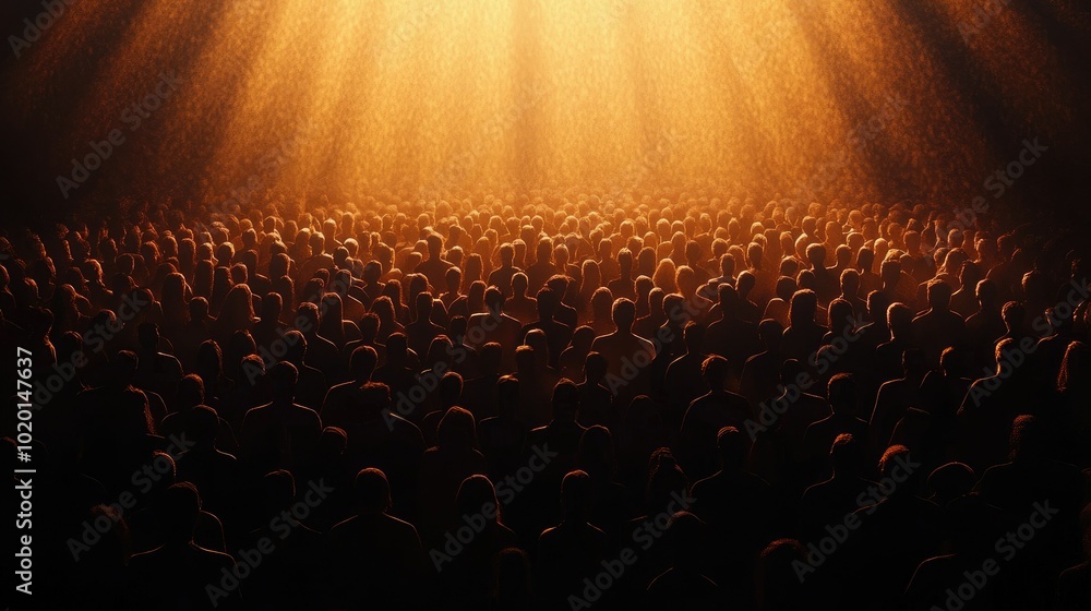 Obraz premium Large crowd in silhouette, outlined by golden light shining from behind, set against a black background