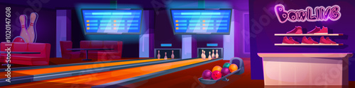 Bowling alley in game club with screen cartoon background. Empty indoor play sport tournament room interior with lane, ball, couch, neon sign and scoreboard equipment for leisure graphic environment