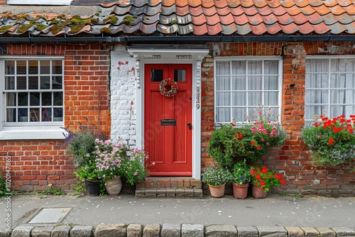 Ein Haus aus Ziegeln mit einer roten Haustüre  photo