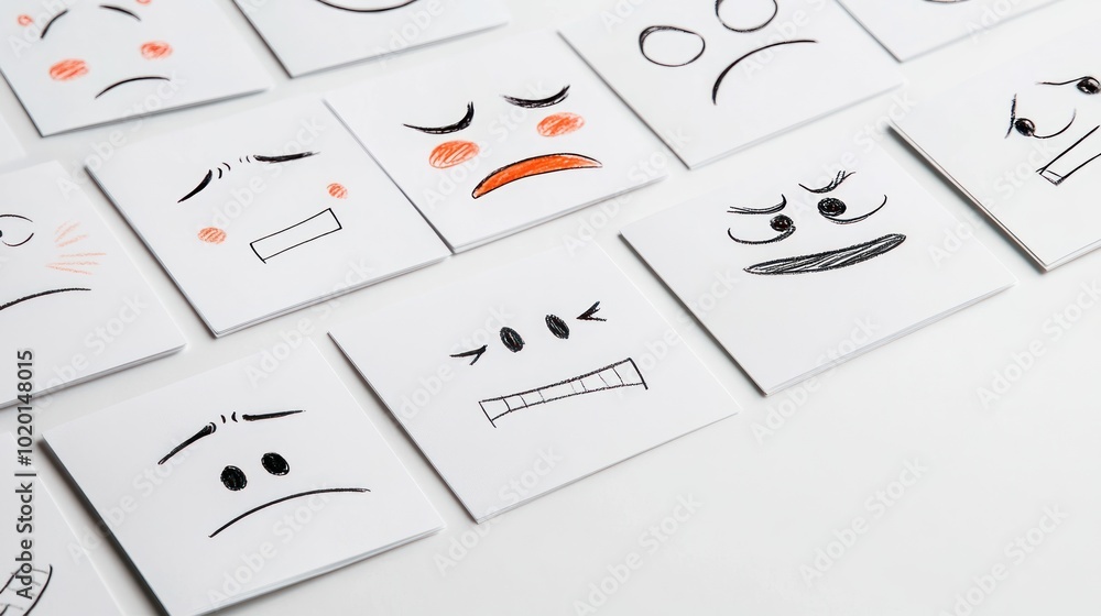 Minimalist cards with different facial expressions on them on a white background, each card represents one emotion such as happiness, emotion or sadness. Minimalist cards with different facial expressions on them on a white background, each card represents one emotion such as happiness, emotion or sadness.