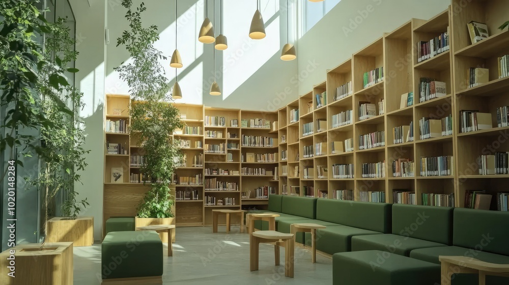 Library space with white walls, green seats, and wooden bookshelves. Minimalist design with hanging lights, creating a peaceful reading space. Library space with white walls, green seats, and wooden bookshelves. Minimalist design with hanging lights, creating a peaceful reading space.