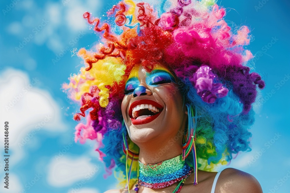 Obraz premium Eine geschminkte Transfrau mit Regenbogen Perücke auf einer Pride-Parade mit blauem Himmel im Hintergrund 