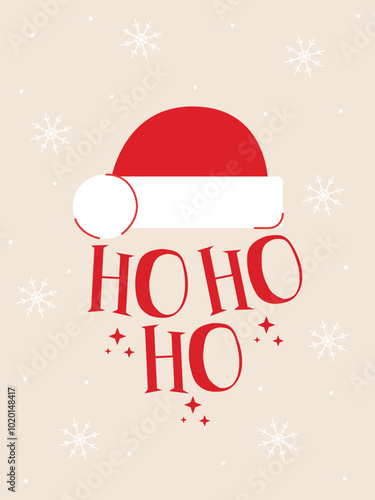 Flat vector illustration of postcard with Santa Claus hat. Santa says ho ho. Postcard with snowflakes.