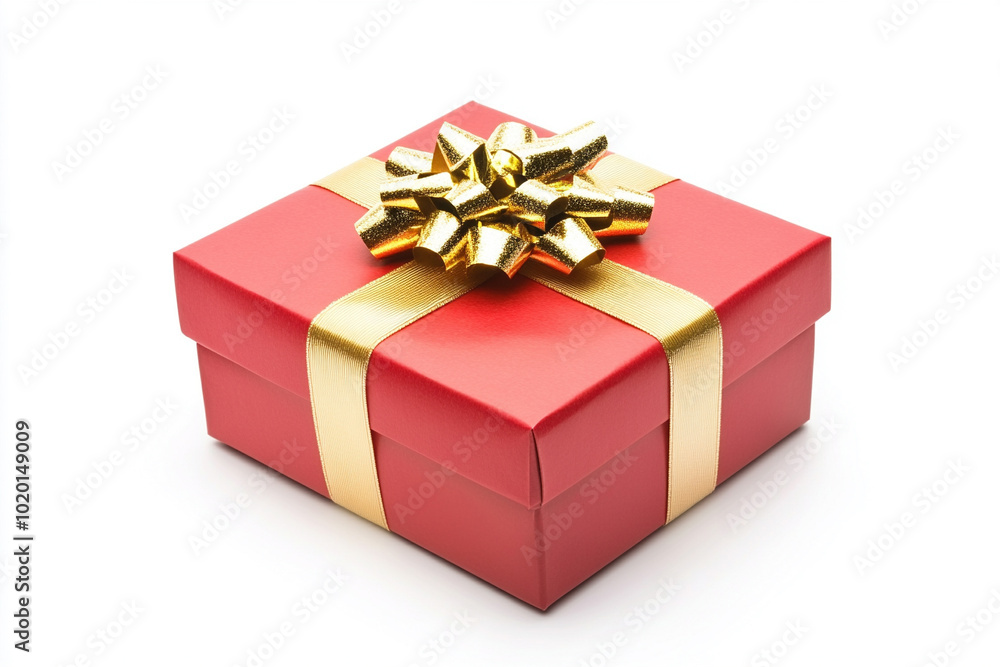 Red gift box wrapped with gold bow and ribbon Red gift box wrapped with gold bow and ribbon