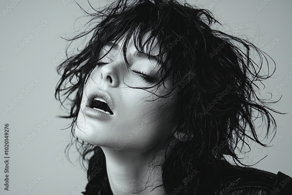 Naklejka premium A powerful close-up of a young woman screaming, conveying raw emotion and intensity. Ideal for Mental Health Day campaigns, awareness articles, and emotional well-being resources.