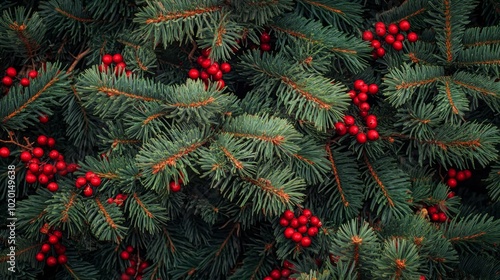 Festive christmas background with evergreen tree branches and red berries, perfect for holiday cards, seasonal decorations, and winter-themed designs, capturing the joy and warmth of the christmas sea