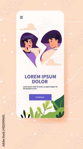 Broken heart couple separation concept mobile app screen design plants pastel background