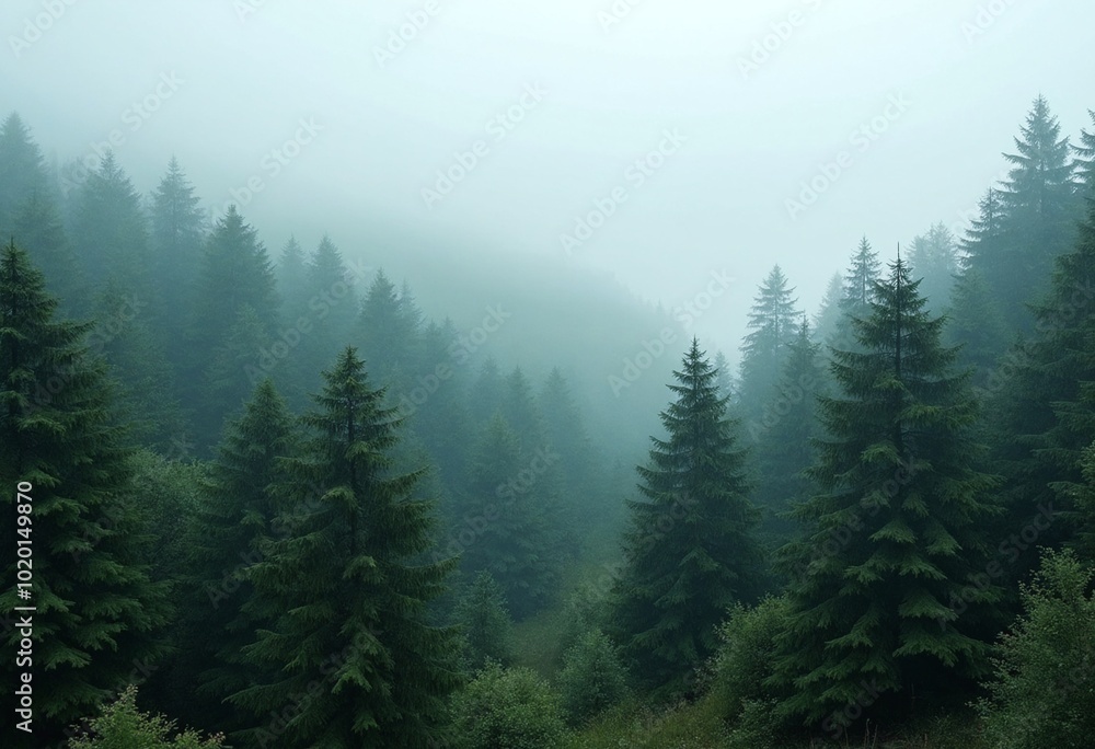 Majestic Pine Forest With Dense Fog And Lush Foliage In A Calm Landscape Majestic Pine Forest With Dense Fog And Lush Foliage In A Calm Landscape