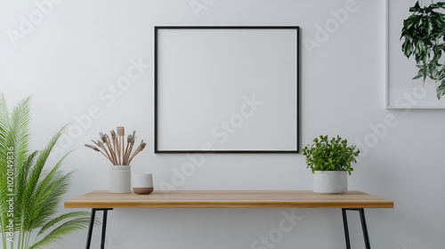 Mock up frame in home interior background, white room with natural wooden table and decor creative copy space concept