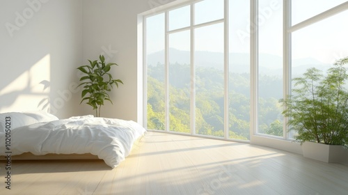 Minimalist interior design with large windows, white walls, and a wooden floor. A neatly made bed on the left and an expansive view of nature.