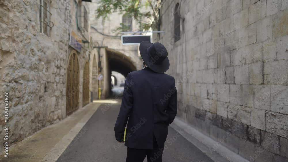 View Behind Male Orthodox Jew Roaming In Old City Of Jerusalem In Israel. medium shot, slow motion View Behind Male Orthodox Jew Roaming In Old City Of Jerusalem In Israel. medium shot, slow motion