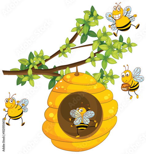 Happy Bees Around Their Hive