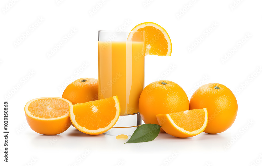 Naklejka premium A glass of freshly squeezed orange juice, surrounded by oranges, reflects the bright colors of health and freshness.